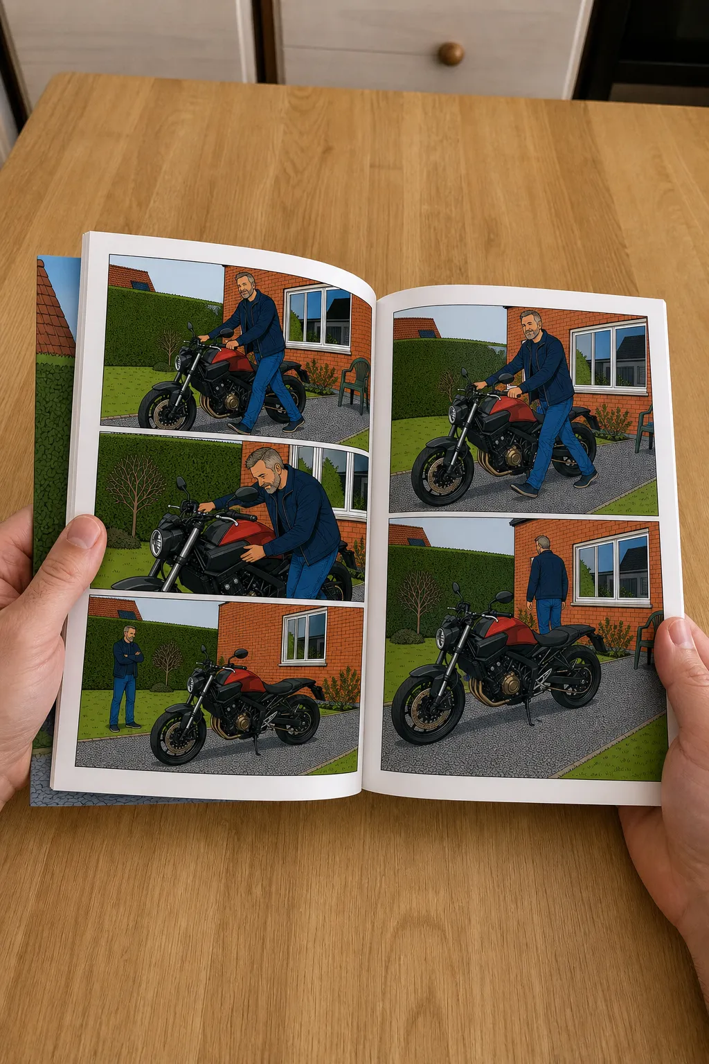 The printed Kadolino comic book, 24 pages, hardcover, standing on a table