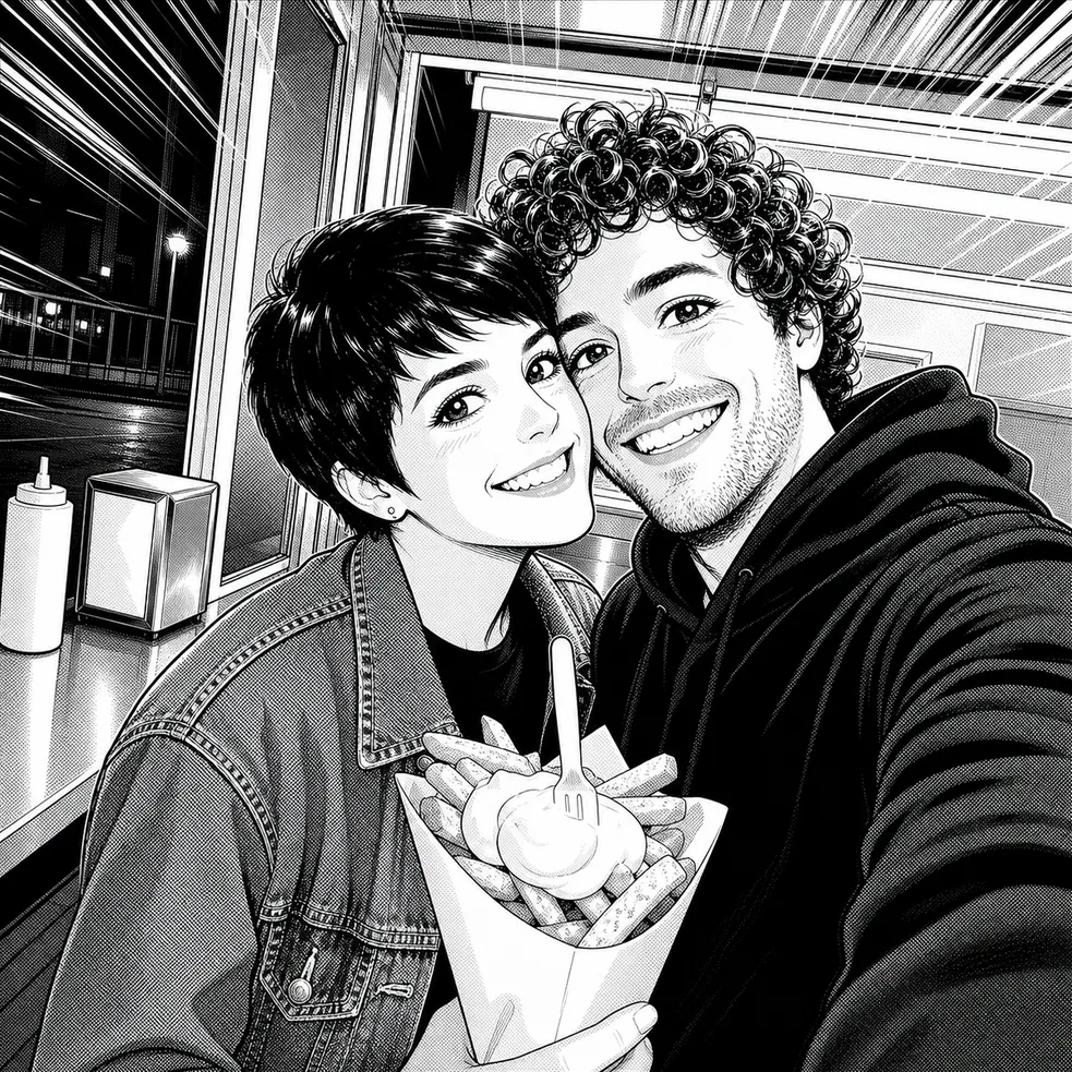Manga comic panel: Camille and Hugo at the frituur counter with the fries
