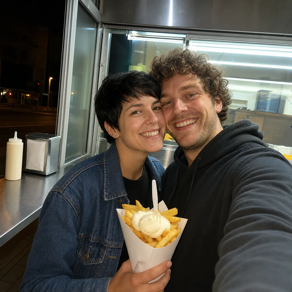Selfie: Camille and Hugo sharing a cone of fries at a frituur counter at night