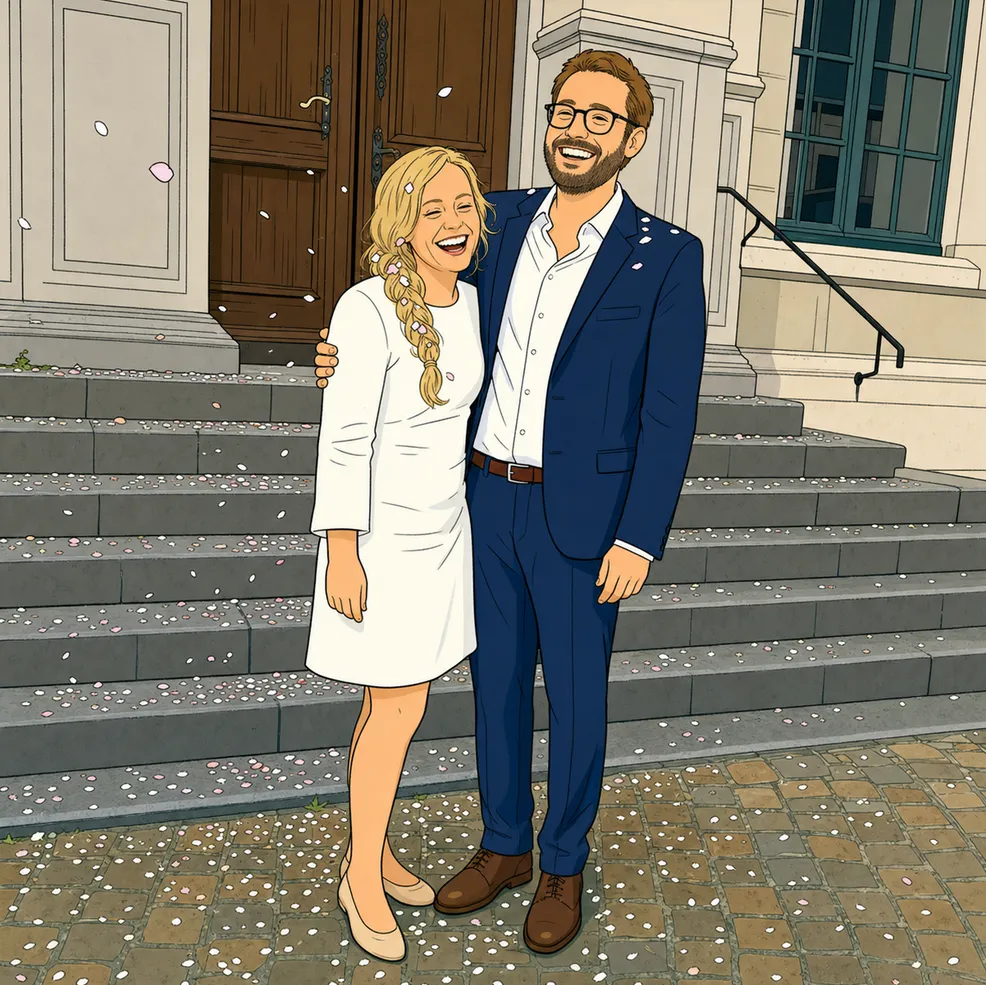 Clear-line comic panel: Elise and Tom on the town hall steps