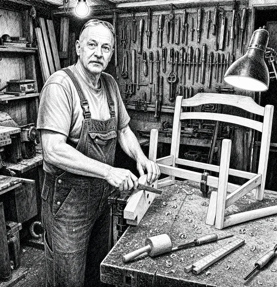 Black-ink comic panel: Jean at the bench with his unfinished chair