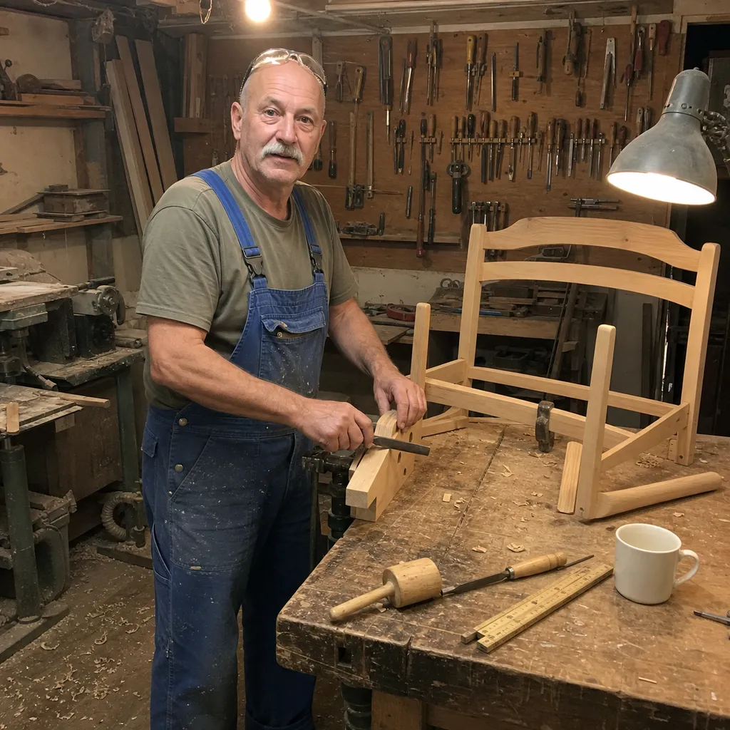 Phone photo: Jean in front of his workbench, taken by a colleague