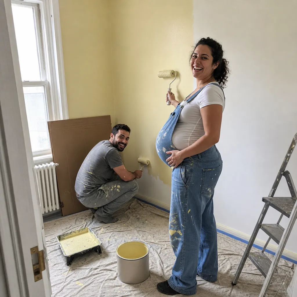 Phone photo: Lina and Youssef painting the nursery wall