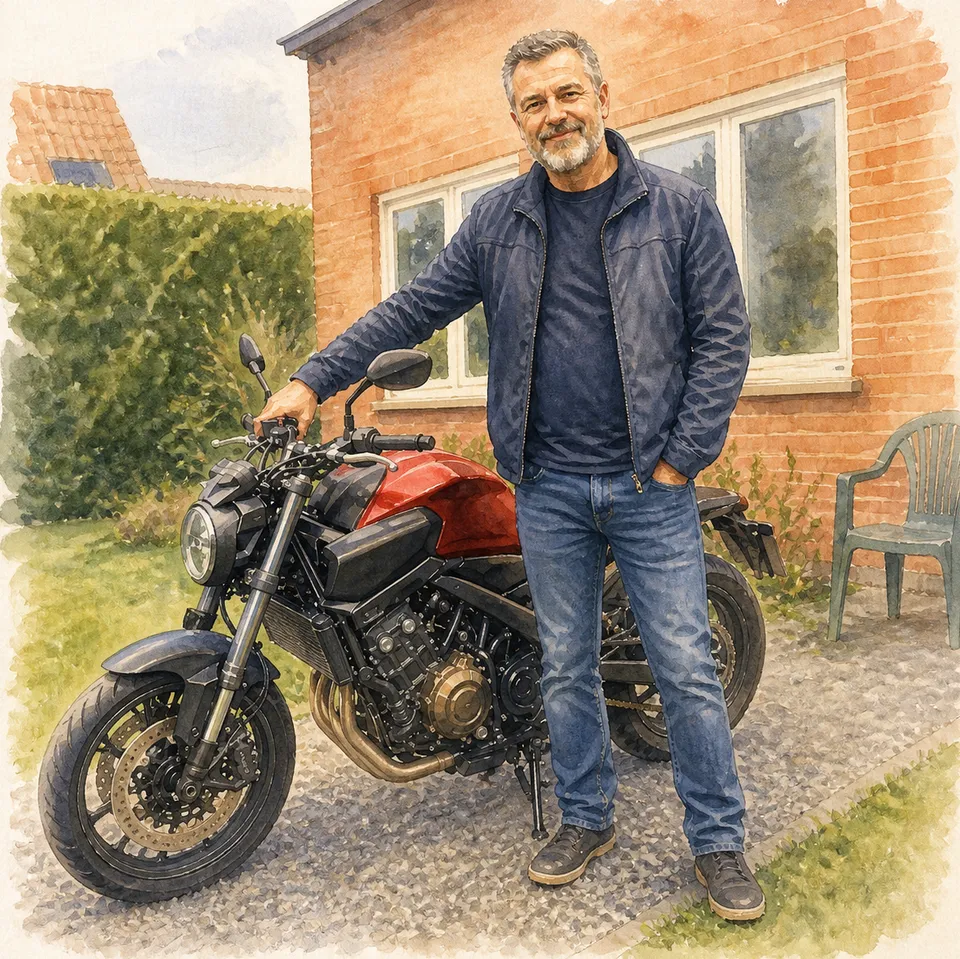 Marc and his motorbike painted in watercolour, storybook style