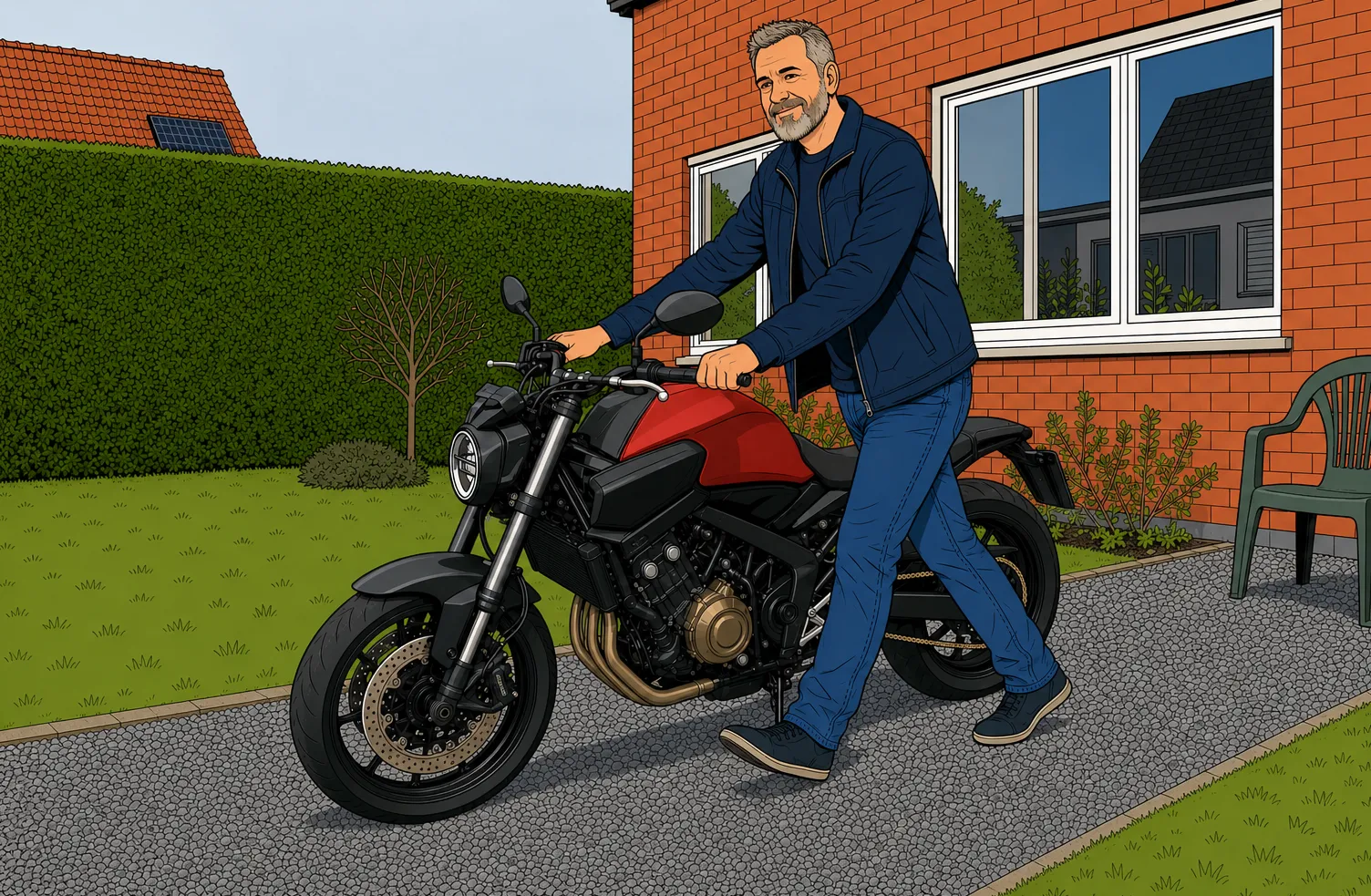 Clear-line comic panel: Marc pushing his motorbike on the gravel path in front of his house