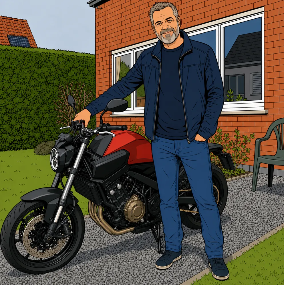 Clear-line comic panel: Marc pushing his motorbike on the gravel path in front of his house