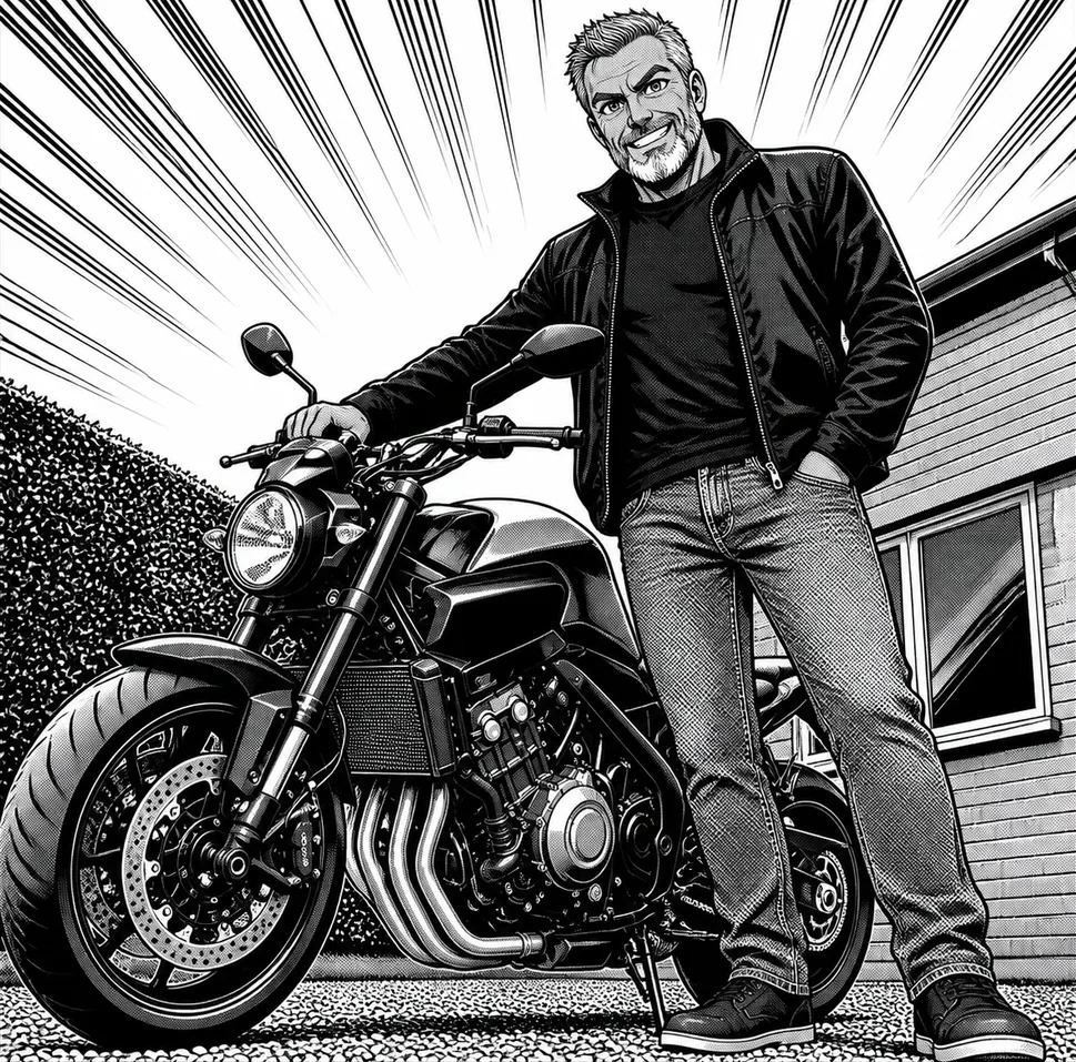 Marc and his motorbike drawn as black-and-white manga, with screentones and speed lines