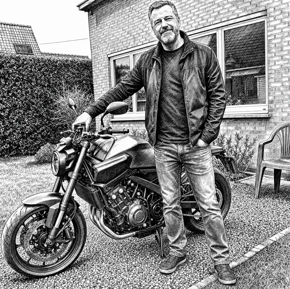 Marc and his motorbike drawn in black ink with dense hatching