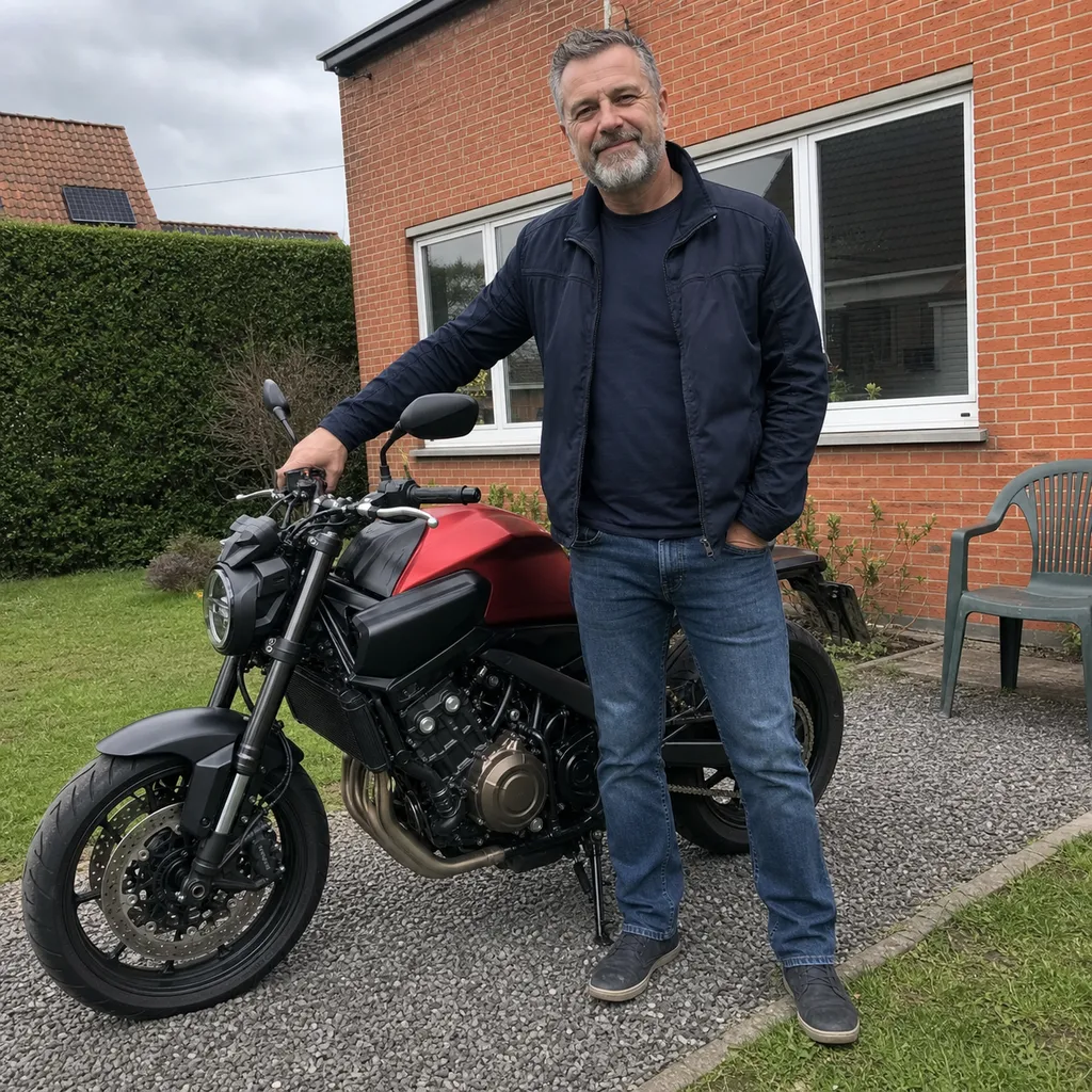 Phone photo: Marc next to his motorbike in his garden