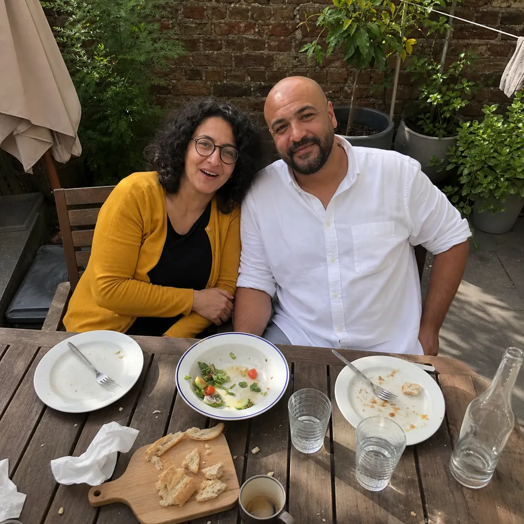 Phone photo: Nadia and Karim at the table on their terrace, one Sunday lunchtime