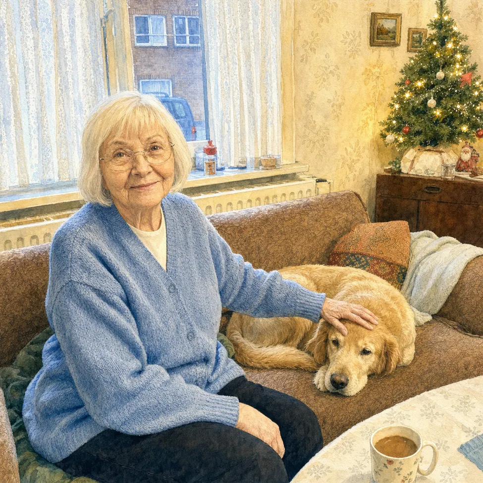 Watercolour comic panel: Rosa and her dog by the Christmas tree