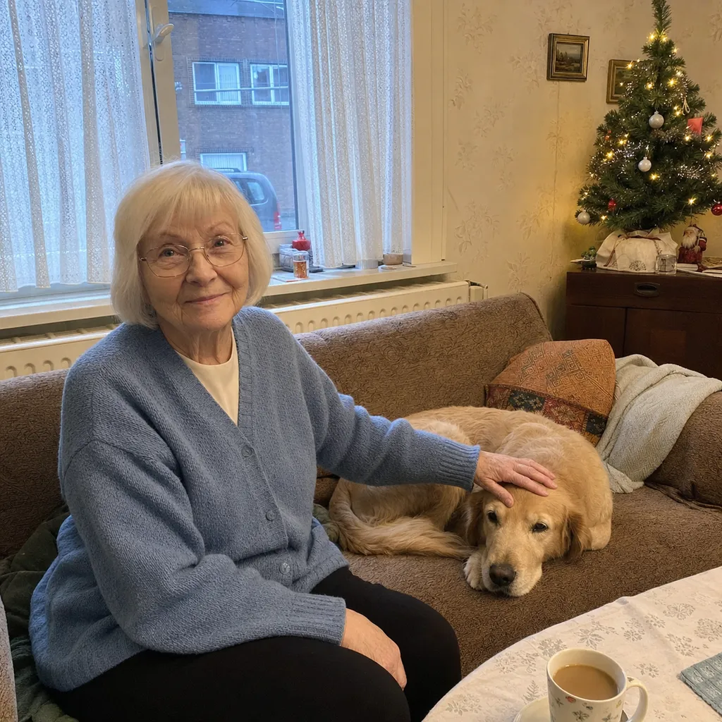 Phone photo: Rosa on her sofa with her golden retriever, the Christmas tree behind them