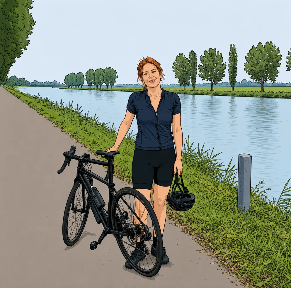 Clear-line comic panel: Sophie and her bike on the canal path