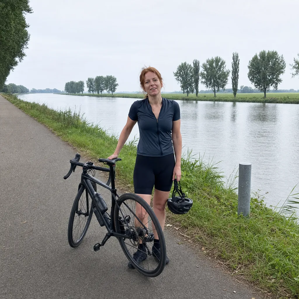 Phone photo: Sophie next to her road bike on a canal path in Flanders